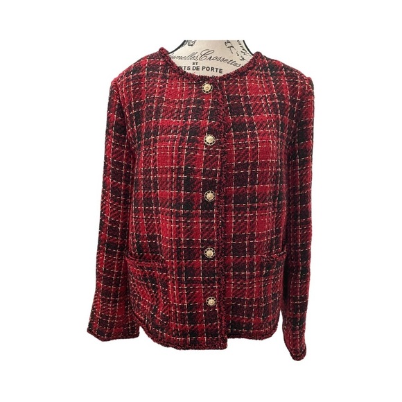 Adrianna Papell Red Black Tweed Jacket Gold and Black Buttons NWT Size L - Picture 1 of 14